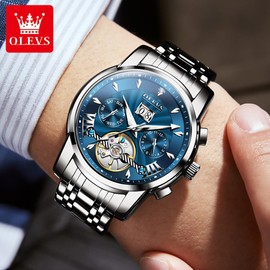 OLEVS Watches for Men Automatic Mechanical Luxury Silver Men's Wrist Watches Stainless Steel Waterproof Luminous Date Week Blue Dial