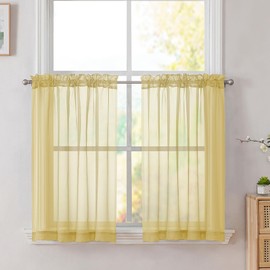 Simplebrand Yellow Short Sheer Kitchen Cafe Curtains 36 x 42 Inch, 2 Panels - Tier Curtains Rod Pocket Drapes for Bathroom, Small Windows