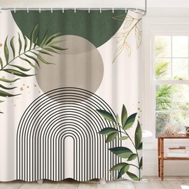 CRTPOD Boho Mid Century Shower Curtain, Green Modern Minimalist Abstract Geometric Gold Plant Leaves Sun Arch Bathroom Curtains Waterproof Fabric Buthtub Curtain Set with Hooks 72" Wx72 L