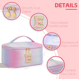 Meiyuuo Initial Makeup Bag for Women Large Cosmetic Bags Travel Toiletry Bag Birthday Gifts for Girls Preppy Letter Pouch Teen Girl Gifts Trendy Stuff Rainbow Pink with Divider and Handle E