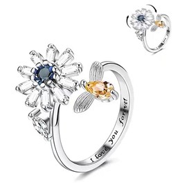 Fidget Spinner Ring - Fidget Anxiety Ring - Meditation Ring - Adjustable ring for Woman (Flower Bee Ring)