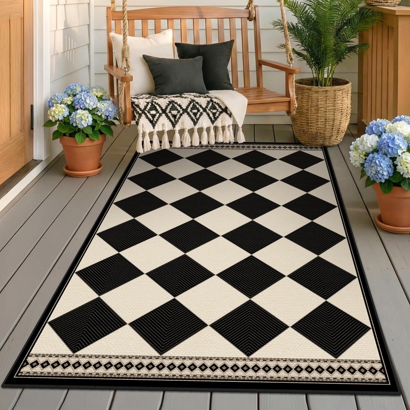 Black and White Diamond Outdoor Easy Jute Front Porch Rug
