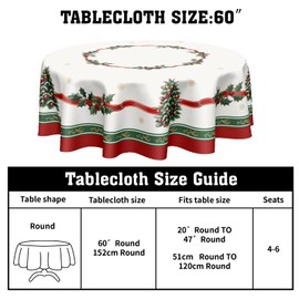 Kawani Christmas Round Tablecloth 60 Inch Winter Holly Berry Christmas Tree Ribbon Bordered Table Cloth Xmas Holiday Polyester Table Cover for Party Dining Room Home Table Decorations