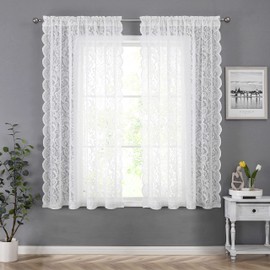 Bujasso White Sheer Lace Curtains 54 inch Vintage Floral Short Curtain Panels for Kitchen Living Room Bedroom Luxury Light Filtering White Drapes Window Treatment Sets Rod Pocket 2 Panels 54" Wx54 L