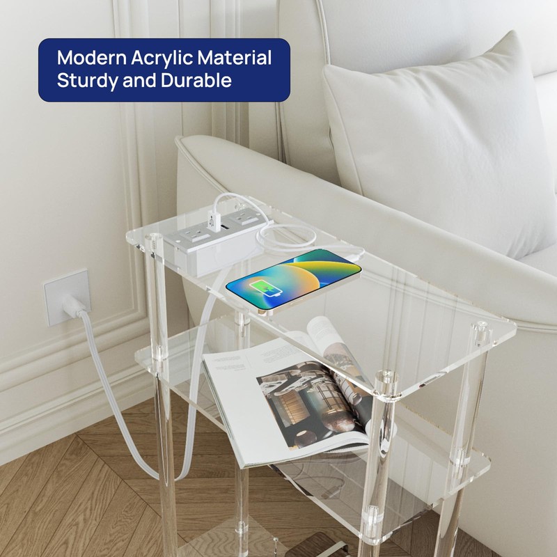 HMYHUM Acrylic Narrow Side Table with Charging Station, 7" Width,