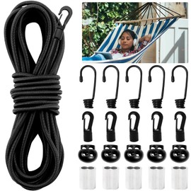 Dncvb Rubber Cord Expander Rope 5 mm 10 m Black Elastic Rubber Cord with 5 Spiral Hooks, 5 Choke Clamps, 5 Plastic Hooks, 5 Cord Locks, Rubber Cord for Trailer Tarpaulin, Camping, Sailing Tarpaulin