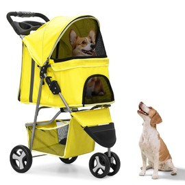 CAAP DRIVEN Foldable Dog Stroller - 3-Wheel Waterproof Cart with Storage Basket & Cup Holders for Small Pets, CAAP-DGS-A78-YL