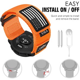 Abanen Rugged Tactical Nylon Watch Band for Garmin Instinct/Instinct 2 Solar, 22mm Sport Strap with Stars-Stripes Flag for Tactical/Tide/Esports/Solar (Orange)