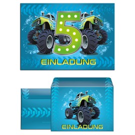 Set of 10 Invitation Cards, Envelopes, Bags, Natural, 5th Birthday Stickers Kids Boy Monster Truck Blue Monster Truck Car Invitations Fifth Children's Birthday Party for Boys