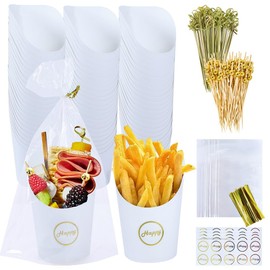 50 Sets 14oz Disposable Charcuterie Cups with 200 Sticks, 50 Bags & 50 Stickers | Eco-Friendly Snack Holders for French Fries, Fruits, Desserts | Birthday Wedding Party Supplies（ white）