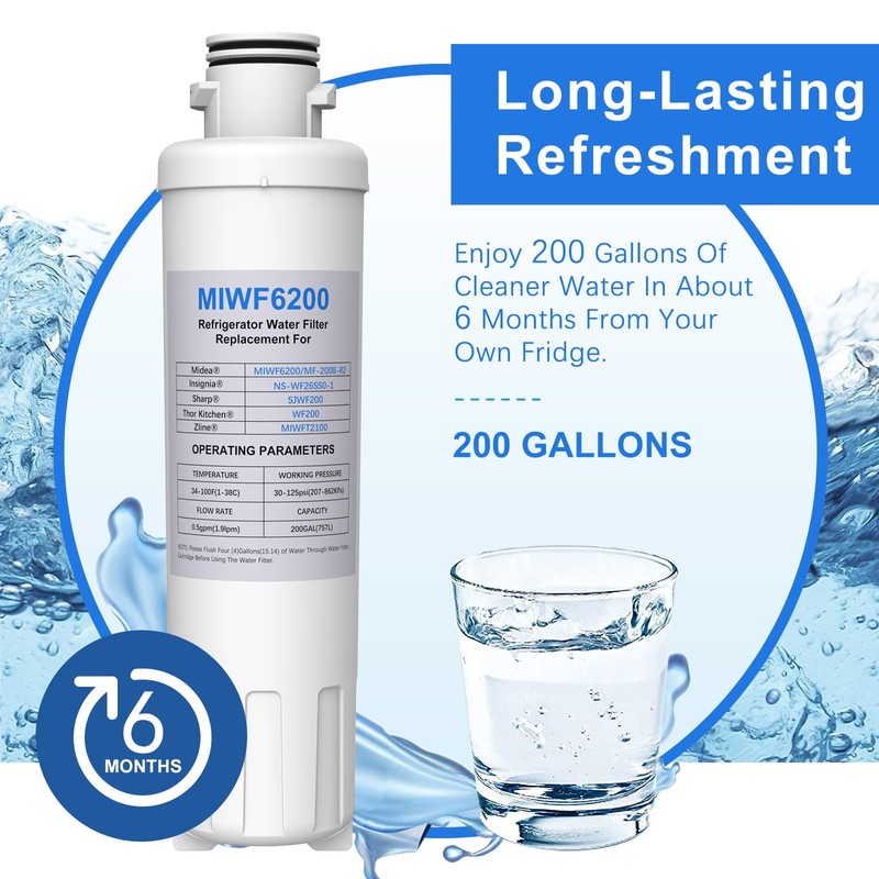 MIWF6200 Water Filter Compatible with Midea MRS26D5AST MF-2008-R2, Insignia NS-WF26SS0-1,
