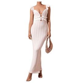 SOLY HUX Women's Maxi Dress Crochet Ruffle Sleeveless Backless Bodycon Long Dresses Pure White Large
