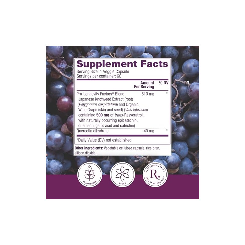 Reserveage - Resveratrol 500mg, Cellular Age-Defying Formula, 60 vegetarian capsules