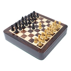 House of Chess - 7.5 Inch Wooden Magnetic Travel Chess Set with Storage Drawer & Algebraic Notation - 2 Extra Queens - Handmade