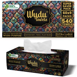 Wudu Towels [Bulk 540-Count] 60 Count x 9 Packs – Biodegradable Dry Ablution Towels – Islamic Prayer Accessory for Home, Mosque, Travel – Pairs with Prayer Beads, Mats & Qibla Compass