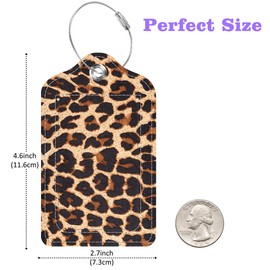 Set of 2 Luggage Tags Brown Leopard Texture Leather Suitcases Tag with Privacy Cover Stainless Steel Loop and Address Card for Women Men Travel