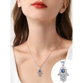 Supcare Women's Hamsa Hand Fatima Necklace Stainless Steel Evil Eye Pendant Dating Chain Evil Eye Turkish Eye Nazar Hamasa Necklace Jewellery for Women Birthday, Stainless Steel