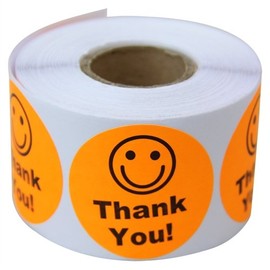 Tuco Deals 1.5" Inch Diameter Bright Orange "Thank You" Smiley Face Round Circle Stickers Roll - 1 Roll