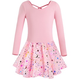 DANSHOW Ballet Leotards for Girls Dance Skirted Leotard Kids Ballet Tutu Dress Toddler Shiny Long Sleeve Dancewear(40421-08Q-M)