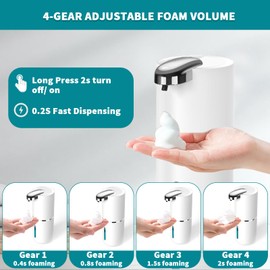 Automatic Soap Dispenser, 4-Level Adjustable Foaming Soap Dispenser Wall Mounted, USB Rechargeable Infrared Sensor Soap Dispenser, 12.8 oz Touchless Soap Dispenser Pump for Bathroom Kitchen (White)