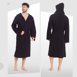 Sock Stack Men's Hooded Waffle Robe Dressing Gown Bathrobe for Men Super Absorbent Cotton Robes Spa Perfect for Home & Loungewear, Black M/L