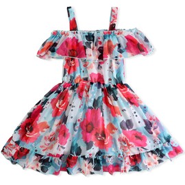 Nutyomi Toddler Baby Girls Summer Dress Chiffon Strap Off Shoulder Ruffle Dresses Fancy Daisy Sunflowers Toddler Girls Dress for Hawaiian Vacation Beach Wedding Birthday Party, Red, 110, Size 4-5T