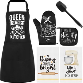 Hoolerry 6 Pcs Kitchen Apron Dish Towels Oven Mitts and Pot Holders Sets with Silicone Spatula for Women Wife Grandma Cooking Baking Gifts (Black, Baking)