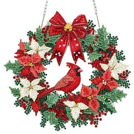 MEIYUDA Christmas Diamond Painting Hanging Kits，DIY Cardinal Bird Diamond Art Kits Pendant for Adults, Crystal Art Window Hanging Ornament for Home Wall Garden Decor Gifts
