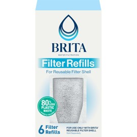 Brita Refillable Water Filter Refill Packs for Pitchers and Dispensers, BPA-Free, 80% Less Plastic*, Each Lasts Two Months, For Use with Refillable Shell (Sold Separately), 6 Filters