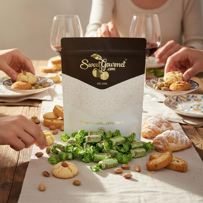 SweetGourmet Rossana Pistachio Paste Center Filled Hard Candy, Italian Wrapped