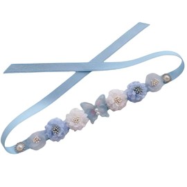 39X0.5 Inches Girls Handmade Flowers Headband Butterfly Embroidery Piece Beaded Hair Ribbon for Ballet Performance Blue