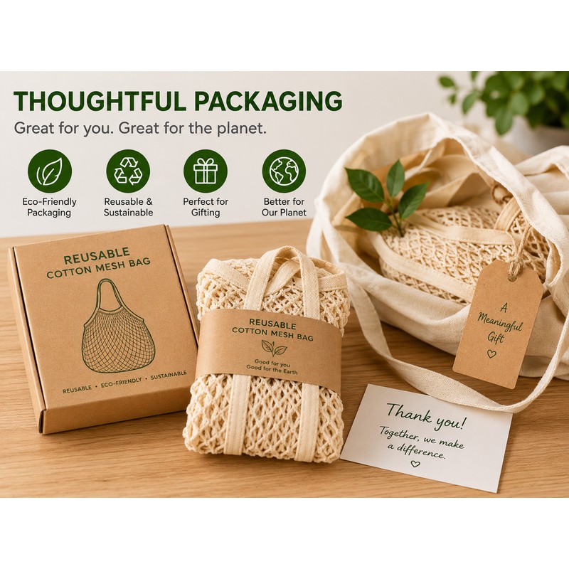 5-Pack Beige Cotton Reusable Mesh Shopping Bag 20cm