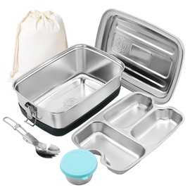 iDattel Stainless Steel Lunch Box, 2000 ml Lunch Box, Leak-Proof Lunch Box with Compartments and Sealing Ring, BPA-Free, Lunch Box for Picnic, School, Work, Metal Lunch Box with Fabric Bag for Adults