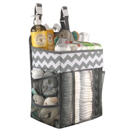 Hanging Diaper Caddy Organizer - Large Nursery Storage for Essential Newborn Baby Items - 2 Compartments, 3 Mesh Pockets - Durable Hooks to Hang on Bassinet, Changing Table, Crib - by Babywards