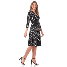REKUCCI Women's Slimming 3/4 Sleeve Fit-and-Flare Crossover Tummy Control Dress (14, Black/White Mixed Dots)
