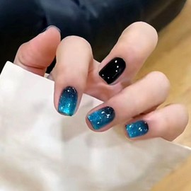 GXOIPNS Glue on Nails Short Cat Eye Press on Nails Square Color Changing Fake Nails Black & Blue Full Cover Acrylic Nails Glossy & Glitter False Nails Petite Artificial Nails for Women 24 Pcs