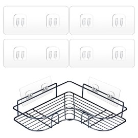 COMNICO 4 Pack Shower Caddy Adhesive Hooks Replacement, Strong Self-Adhesive Sticker No Drilling Waterproof Hanging Hooks for Bathroom Storage Shelves Kitchen Racks (Double Hook,Transparent)