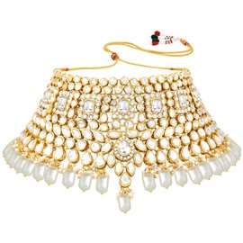 Aheli Gold Plated Kundan Studded Choker Necklace Dangle Earrings & Maang Tikka Ethnic Fashion Jewellery Set Gift for Women