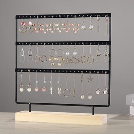 Multi-layer Jewelry Storage Rack, Wood Base Earring Display Rack, Jewelry Organizer for Home Office - Color: Black, Specification: one-size