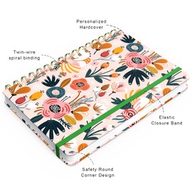 HUAMXE Spiral Journal Notebook, Hardcover Lined Journal for Women, 8.4 x 6 inch, 160 Pages Thick Paper,Cute Aesthetic Floral College Ruled Notebooks for Work Writing Journaling Office School, Flower