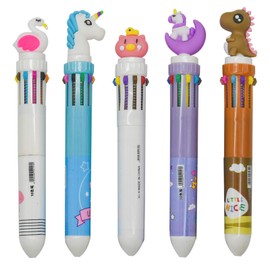 Maydahui Cute 10 Colors Ballpoint Pen, Set of 5, 0.5mm, Oil-based, Multicolored, Multifunctional, Fashionable, Cute, Animals, Dinosaurs, Pigs, Flamingos, Unicorn, Kids, Students, Stationery, Gift,