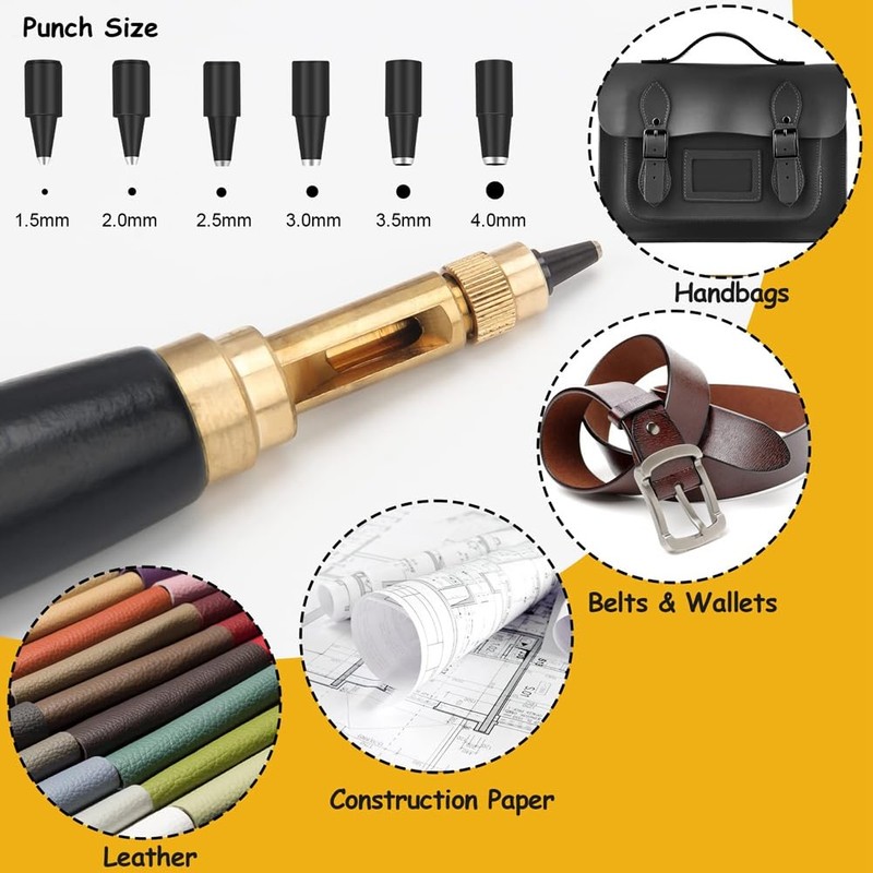 Adjustable Screw Punch, 6 Tip Sizes Belt Hole Puncher, Wood