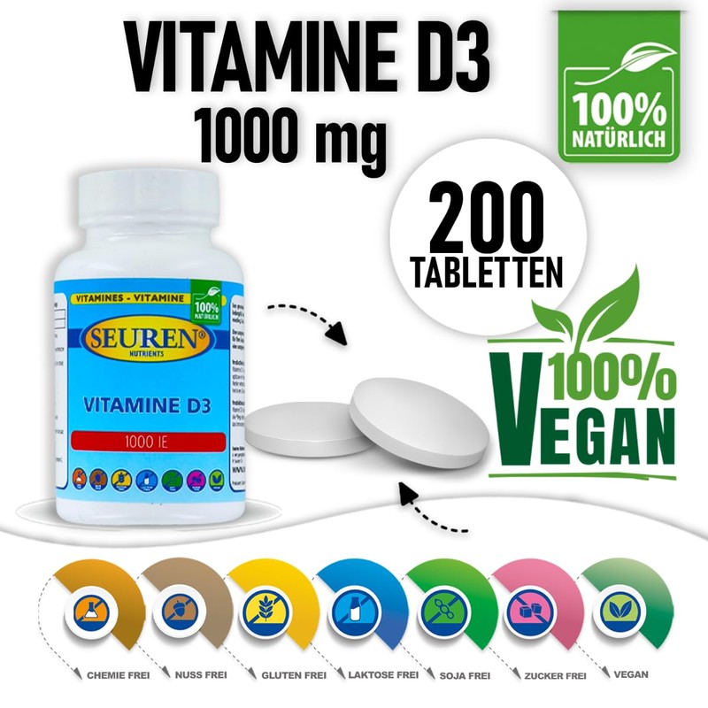 Seuren Nutrients Vitamin D3 1000 I, 200 tablets, high dose,