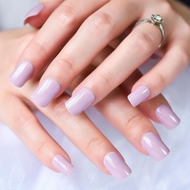 LINSSQ Press on Nails Glossy Solid Light Purple Pink Fake Nails Medium Length Squoval False Nail Art Tips Reusable Acrylic Finger Nails Gifts for Women Girls