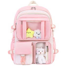 HORHEAR Kawaii Backpack for School Girls Cute Bag with Kawaii Stuff Bear Pendant Backpack Aesthetic for Children School Backpack, pink