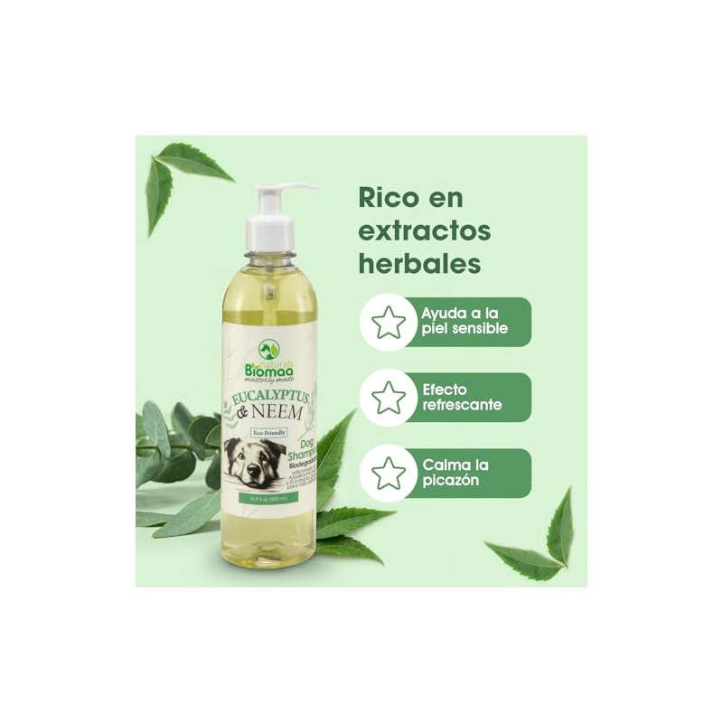 BIOMAA Shampoo para Perros con Extractos de Neem y Eucalipto,