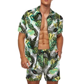 Wirltte Mens Hawaiian Shirt and Shorts Set Tropical Floral Print 2 Piece Outfits Green L