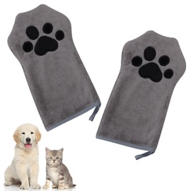 Risipu 2 Pcs Dog Cleaning Gloves for Dogs and Cats, Ultra Soft Coral Fleece Dog Towels, Super Absorbent Washable for Small Medium and Large Cats Dogs Cute Cat Paw Gloves Towel (Grey)