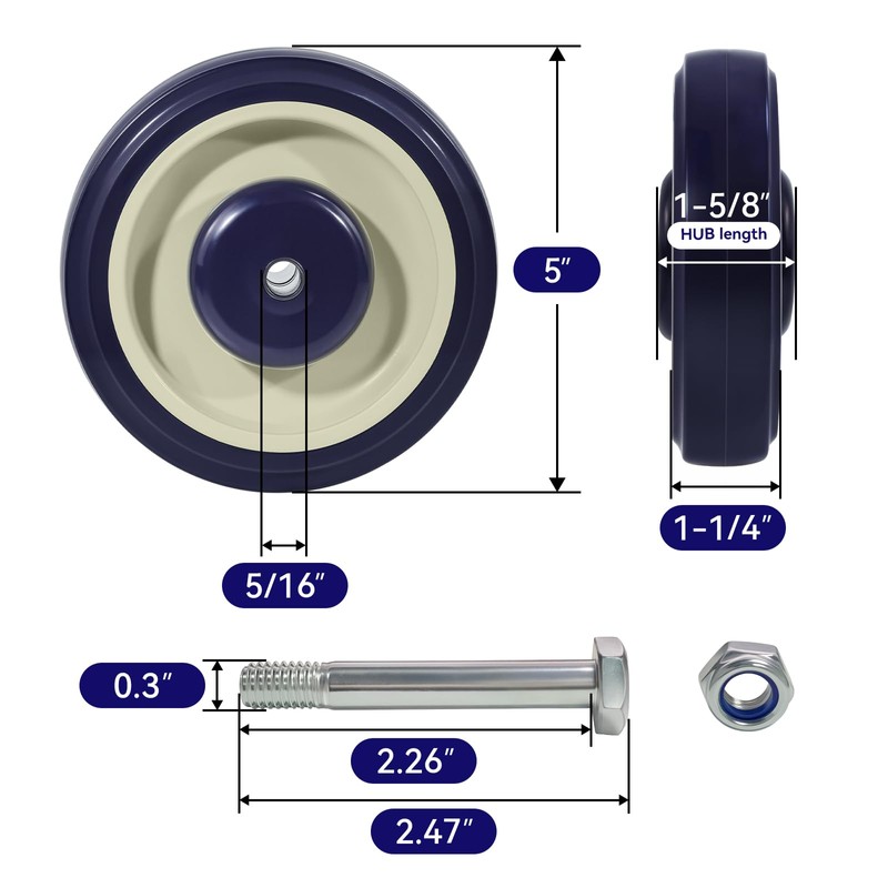 NINOSO 5" Shopping Cart Wheels, 5/16" Axle Replacement Casters Polyurethane