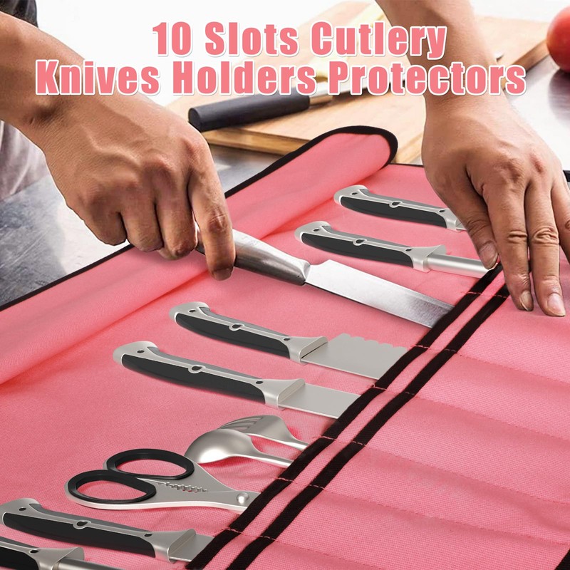 QIQU Pink Chef Knife Bag With 10 Slots Cutlery Knives